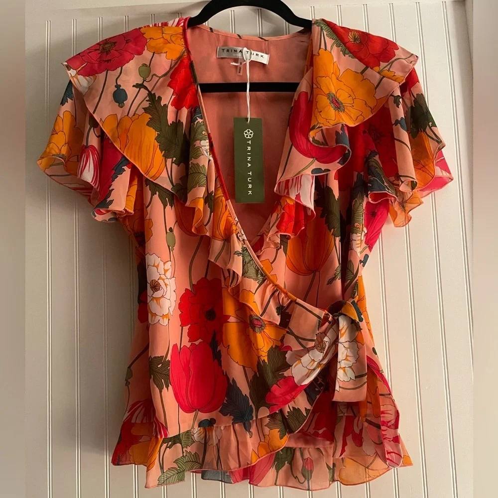 Trina Turk ruffled short sleeve wrap top, size Small - Picture 1 of 7